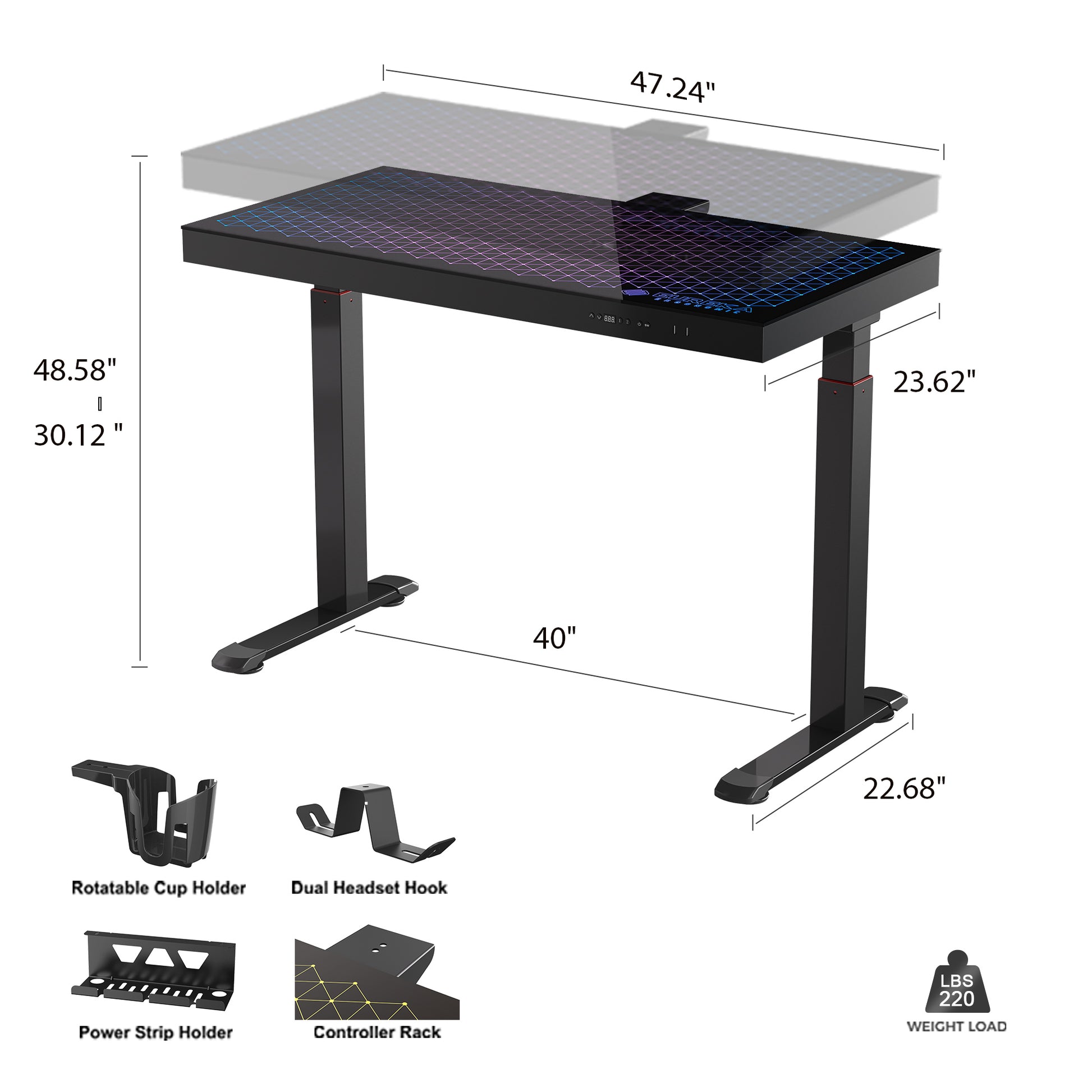 GTG 47 inch height adjustable RGB glass desk, gaming desk, RGB lighting, versatile design great for gaming room, work from home, content creation, sturdy standing desk, Accessory set,  Product Dimensions