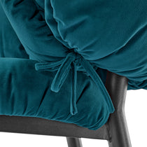 Rlesana Teal Velvet Dining Chair Detail. Showcasing Plush, Tufted Back and Tie Detail.