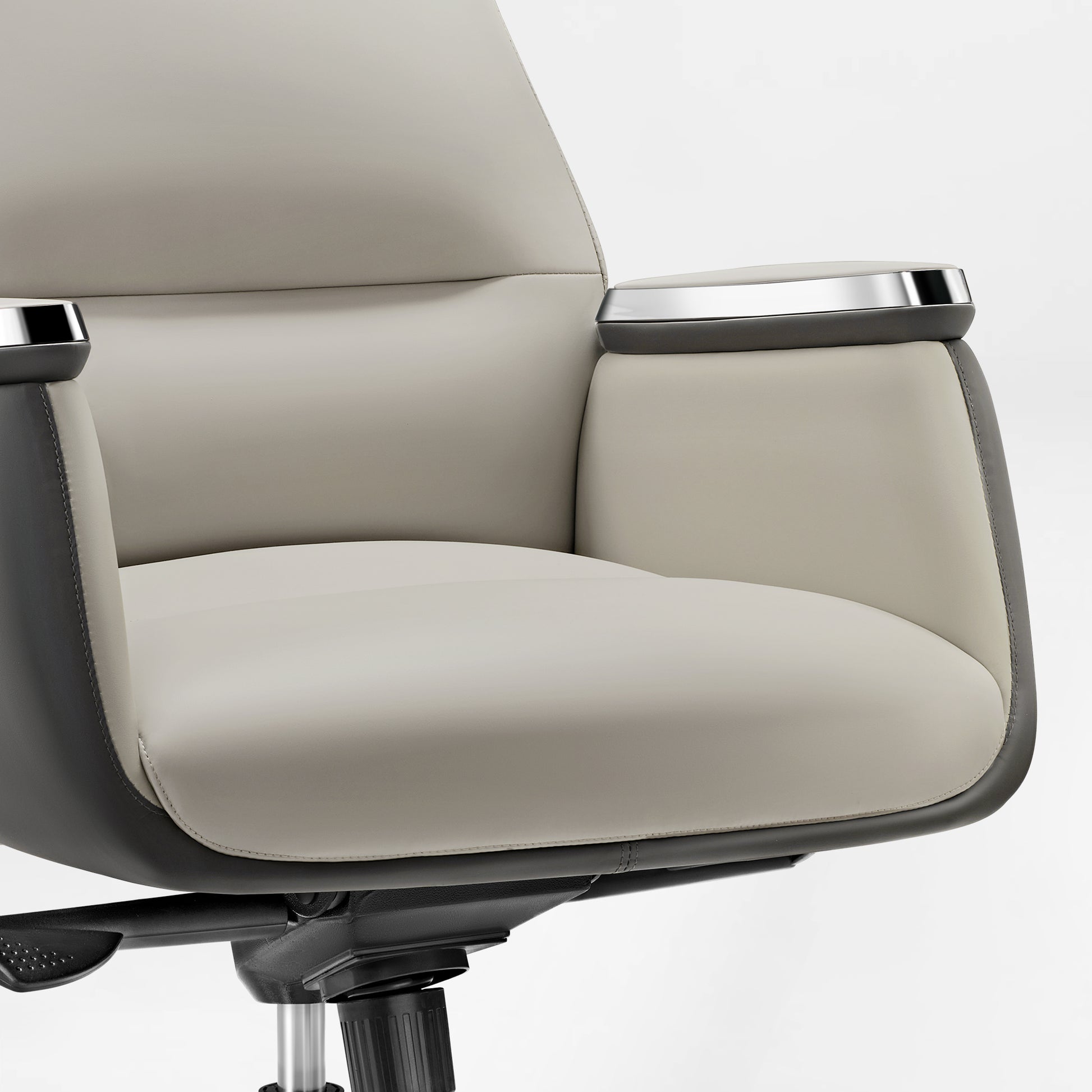 Royal II Executive Ergonomic Office Chair Armrest Detail - Cream Leather, Gray Trim, Ergonomic Design.