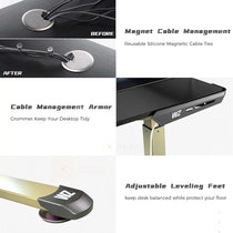 Eureka Ergonomic Call of Duty gaming desk: before/after cable management, magnetic ties, WZ logo on armor, and adjustable leveling feet.
