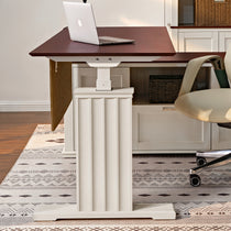 Eureka Ark Es Standing Desk With Mahogany Veneer Top, Cream-Colored Base, and Modern Ergonomic Chair in Stylish Home Office.