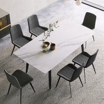 Milo Dining Side Chairs in Gray With Black Metal Legs Set Around a Marble Table, Modern Dining Room Furniture.