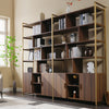 Napa Wood Bookcase Cabinet, Bottom Storage, Adjustable Book Shelves - Walnut & Brass
