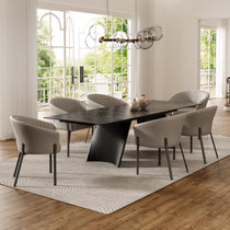 Dark Gray Dining Table and Gray Upholstered Arm Dining Chairs in an Elegant Dining Room Setting.