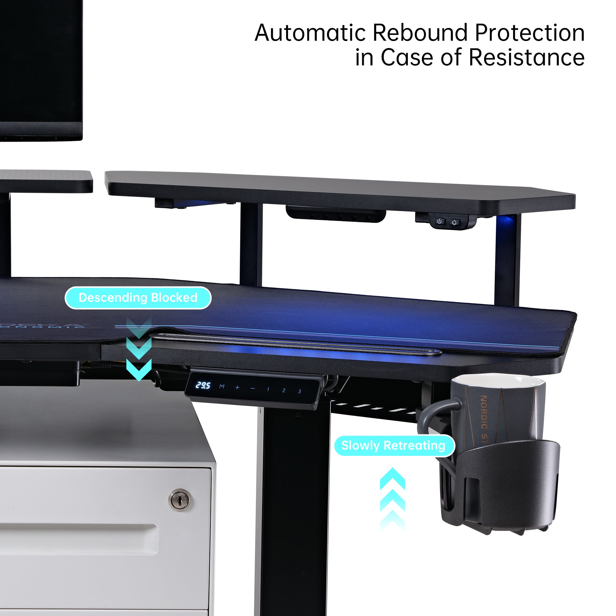 Eureka 63'' Wing Shaped Electric Standing Desk with monitor shelves