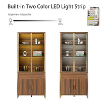Eureka Ergonomic Walnut Bookshelf With Two-Color Led Light Strip, Adjustable Brightness, Glass Doors and Storage.