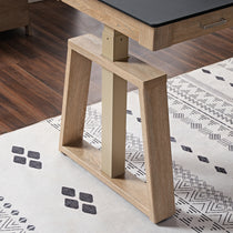 Ark Ex Standing Desk Detail: Oak Veneer Leg and Black Desktop Corner, Modern Ergonomic Office Design.