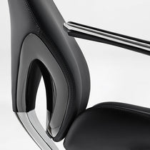 Eureka Ergonomic Serene Aaron black genuine leather ergonomic office chair close-up, highlighting smooth texture, stitching, chrome armrests.