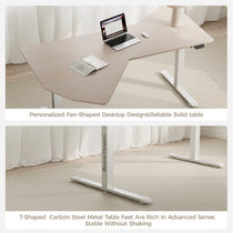 Eureka Ergonomic Light wood fan-shaped Office Standing Desk with white T-shaped base, laptop, mouse, and book in a bright home office.