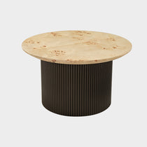 43 Birch Veneer Coffee Table With Light Wood Top and Dark Ribbed Base, Modern Design.