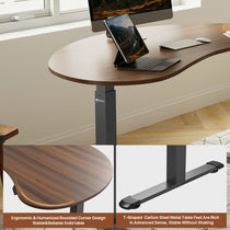 Eureka Ergonomic Cashew Shape Standing Desk, Modern Ergonomic Design With Dark Woodgrain Desktop and T-Shaped Metal Feet.