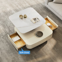 Creamy White Rotating Coffee Table With Drawers, Marble Top and Soft-Close Feature, Modern Living Room Furniture.