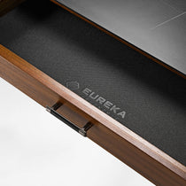 Eureka Ergonomic Ark Pro Desk Drawer Detail. Black Leather Grip, Wood Grain, Black Sintered Stone Top.