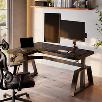 Eureka Ergonomic GTG-L60 Pro L-Shaped Glass Gaming Desk With Dual Monitors, Rgb Lighting, and a Gaming Chair.