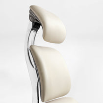 Eureka Ergonomic Light beige Forma ergonomic chair headrest and upper backrest detail: PU leather, stitching, curved aluminum frame.