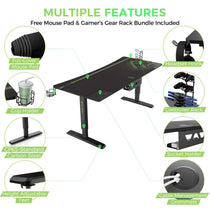 Eureka Ergonomic Gaming Desk Features: Mouse Pad, Headset Hook, Controller Rack, and Cable Management.