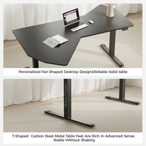 Eureka Ergonomic Black wood grain irregular standing desk with laptop and book, T-shaped carbon steel base for stability.