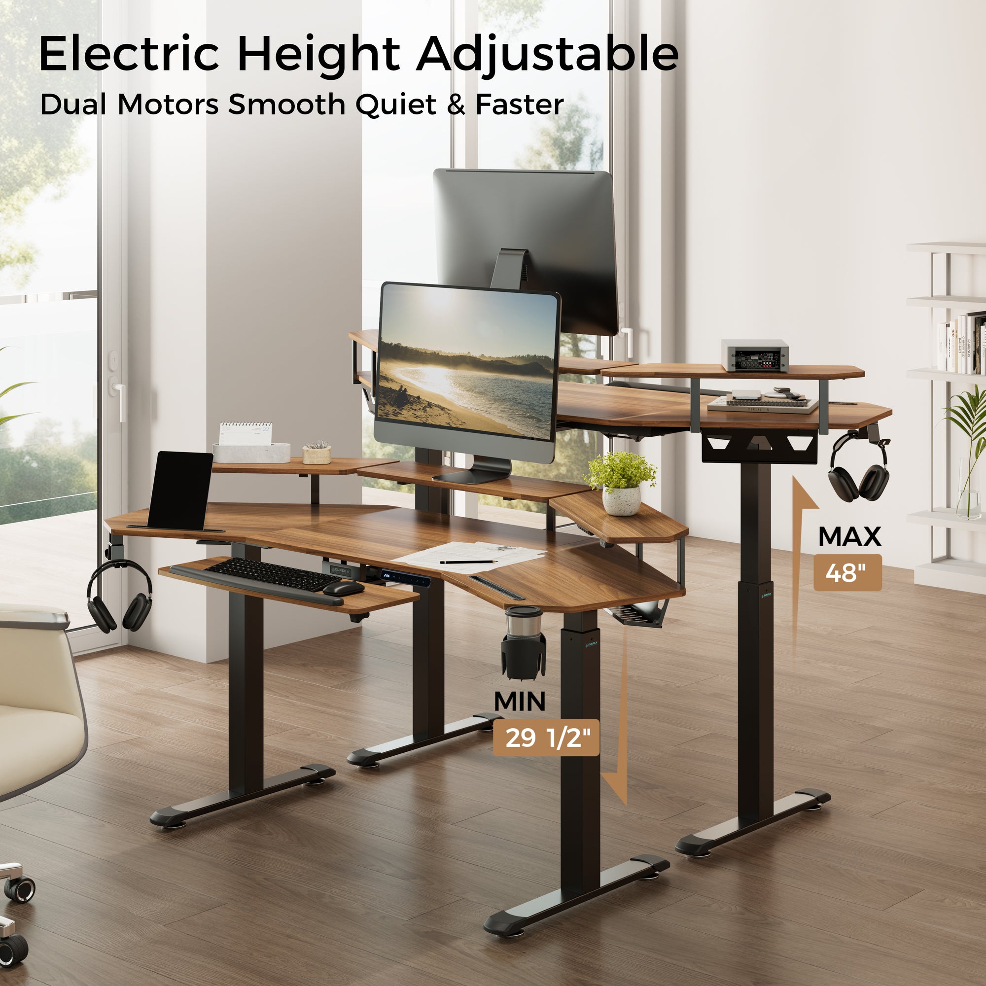 Eureka Ergonomic 72'' Wing shape Electric Standing Desk with Accessories