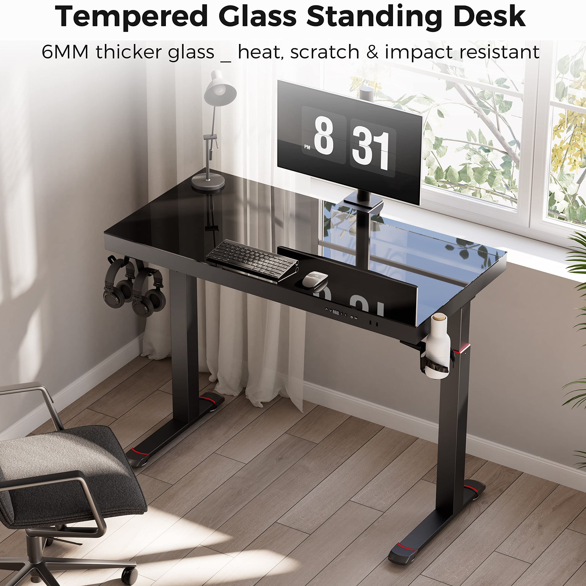 GTG 47 inch height adjustable RGB glass desk, gaming desk, RGB lighting, versatile design great for gaming room, work from home, content creation, sturdy standing desk, 6mm thick with heat, scratch and impact resistance