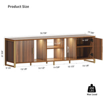 Sonoma 70 Tv Stand Dimensions, Showing 70 7/8 Width, Wood Grain Finish With Gold Accents and a 150 Lbs Max Load.