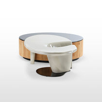 Modern White and Wood Coffee Table Set. Contemporary Living Room Furniture With Sculptural Design.