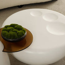 Abstract Cat Claw Coffee Table Set, Featuring White Design With Integrated Coasters and Decorative Moss Bowl On Glass Tray.