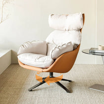 Todd Swivel Armchair With High Back and Ergonomic Design, Cream Upholstery, Orange Woven Side, Swivel Base.