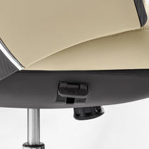 Eureka Ergonomic Light beige Royal Renee executive chair seat detail: microfiber leather, stitching, and adjustment controls.
