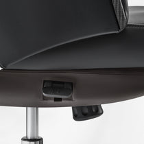 Eureka Ergonomic Royal Renee executive chair seat underside detail with microfiber leather, adjustment levers, and stitching.