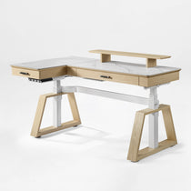 Eureka Ergonomic Ark Pro L-Shaped Desk With White Sintered Stone Top, Wood Accents, and Height Adjustable Features.