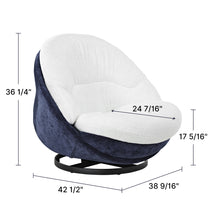 Gloria Swivel Lounge Chair With Dimension Details, White Faux Fur Seat, Navy Chenille Backrest, 42 1/2 Width.