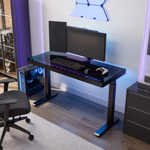 GTG-G55 Rgb Glass Gaming Standing Desk Setup With Dual Monitor, Keyboard, Mouse, and Controller.