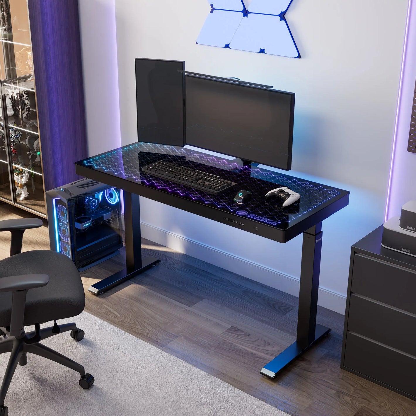 GTG-G55 Rgb Glass Gaming Standing Desk Setup With Dual Monitor, Keyboard, Mouse, and Controller.