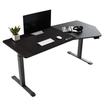 Eureka Ergonomic Heptagon Standing Desk With Black Wood Veneer, Height Adjustable and Modern Setup, Mouse Pad and Monitor.