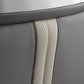 Close-Up of Royal II Office Chair Back Detail, Cream and Gray Leather With Ergonomic Design.
