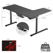L-Shaped Gaming Desk With Dimensions and Load Capacity, Including a Scorpion Mousepad.
