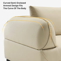 Leah Curved Sofa, Beige Leather Armrest, Ergonomic Design, Minimalist Living Room Furniture.