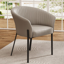 Light Gray Jade Upholstered Armchair, Retro-Modern Design With Stitched Backrest, Dark Metal Legs, Perfect for Dining Room.