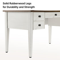 Farmhouse Office Desk With Solid Rubberwood Legs. White Desk With Drawers and Wood Top for a Durable Workspace.