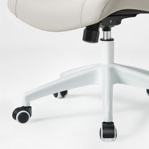 Eureka Ergonomic Vera ergonomic office chair base with black casters, white frame, and grey PU leather seat detail.