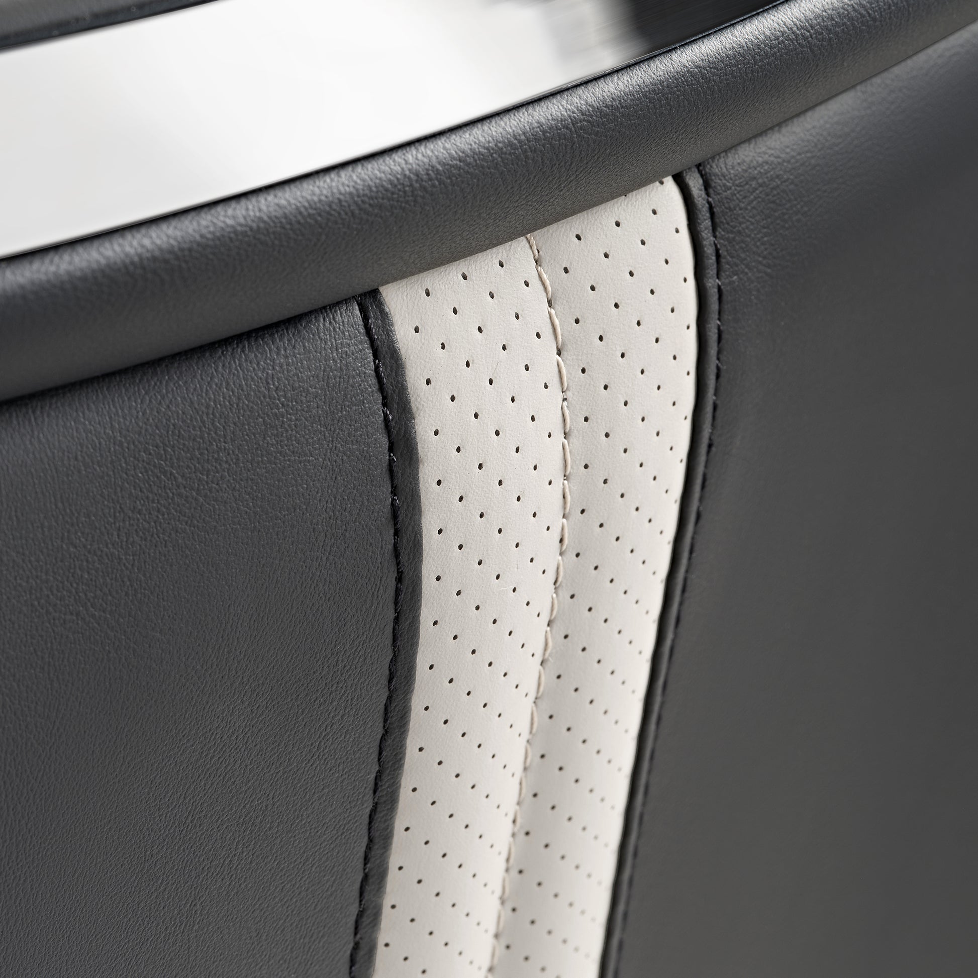 Royal II Office Chair Detail: Black and Cream Leather With Ergonomic Design, Silver Trim.