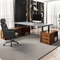 Eureka Ergonomic Zen Pro Executive Desk With Black Sintered Stone Top, Wood Cabinets, and Office Chair in Modern Design.