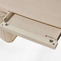 Eureka Ergonomic Opal Oval Executive Standing Desk Detail With Beige Drawer and Storage. Ergonomic Office Furniture.