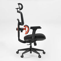 Eureka Ergonomic Black Cyra ergonomic office chair, mesh back, orange lumbar, adjustable headrest, white background.