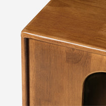 Wooden Cat Bed Side Table, Showcasing Wood Grain and Rounded Doorway Design, Cat Hideaway.