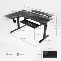 Eureka Ergonomic Black L-shaped standing desk with dimensions, monitor risers, keyboard tray, and mousepad. Max load 220LBS, <45dB noise.