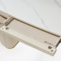 Eureka Ergonomic Opal Oval Executive Standing Desk Drawer Detail, Beige Linen Interior With Logo, Marble Top and Fluted Leg.