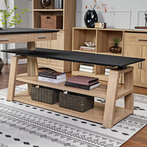 Ark Ex Standing Desk With Black Faux Leather and Oak Veneer, Showcasing Integrated Storage, Modern Office Design.