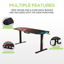 Eureka Ergonomic Gaming Desk Features: Full-Cover Mousepad, Socket Holder, and Double Headphone Racks.