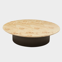 43 Birch Veneer Coffee Table - Round Coffee Table With Light Wood Top and Dark Ribbed Base.